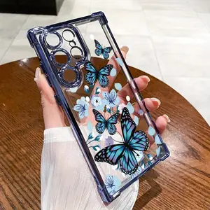 Compatible with Samsung Galaxy S23 Ultra S24 Plus S25 S22+ FE Edge Case Blue Butterfly Pattern Clear Protective Four Corners Air Cushion Anti-drop Shockproof Cellphone Casing