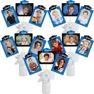 Blue Graduation Party Decoration Photo Display Centerpiece Kit 15 Double-Sided Photo Table Topper Sticks Vertical and Horizontal 4x6 Picture Holders