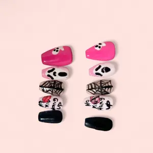 Manis By Maki Handmade Pink Ghost Face Press On Set with Halloween Spider Web Design
