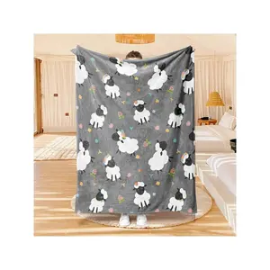 1pc Sheep Blanket - Cute Sheep & Lambs Pattern With Hearts & Baa! Sounds, Lightweight Warm All-Season Bedspread & S, Soft Flannel Bed Cover Sofa, Bed, Travel, Camping (White With Black/Gray Sheep)