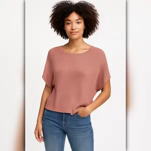 Women's Dusty Peach Ribbed Knit Top, Preppy Dolman Sleeve Pullover Sweater with a Relaxed Boxy Fit