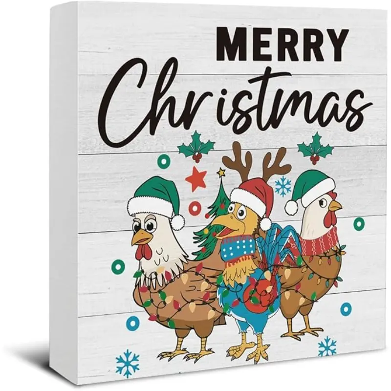 Merry Christmas Signs - Christmas Decorations for Kitchen - Farmhouse Chicken Wooden Sign Winter Decoration Home Living Room Kitchen Bathroom Decor - Chicken Gifts - 5×5 Inches