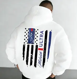 Men’s Patriotic Beer Inspired Graphic Hoodie, Bold USA Flag Style Print Pullover, Casual Street Hooded Sweatshirt for Game Day & Weekend Wear