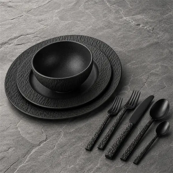 KINGSTONE Black Rock Textured Dinnerware and Flatware Set for 4, 32 Piece Service for 4, 12-Piece Porcelain Dinnerware Set with 20-Piece 18/10 Stainless Steel Flatware Set, Dishwasher Safe, Hammered Handles