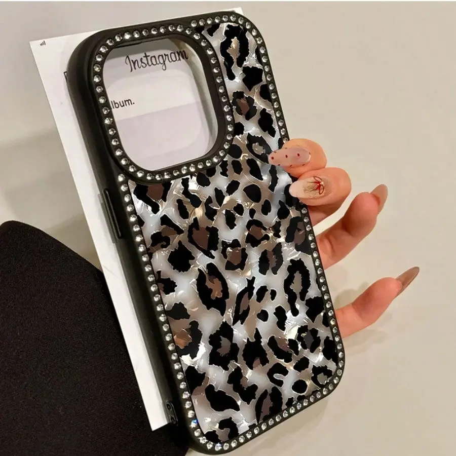 Marble Leopard Print Double-Sided Diamond-Encrued 3-In-1 Phone Case, Suitable For IPhone 17promax/17air 16promax, 16 15pro 14 14 Plus/14 Pro Max 13 13 Pro 12Pro 11pro Promax Series. Anti-Drop And Stain-Resistant Soft Case, Smartphone, Handheld, Protection