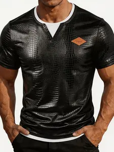 Men's Crocodile Texture V-Neck Short Sleeve T-Shirt, Cool and Chic, Aesthetic, Fake Two-Piece Design, Slim Fit, Casual, Daily/streetwear, Menswear