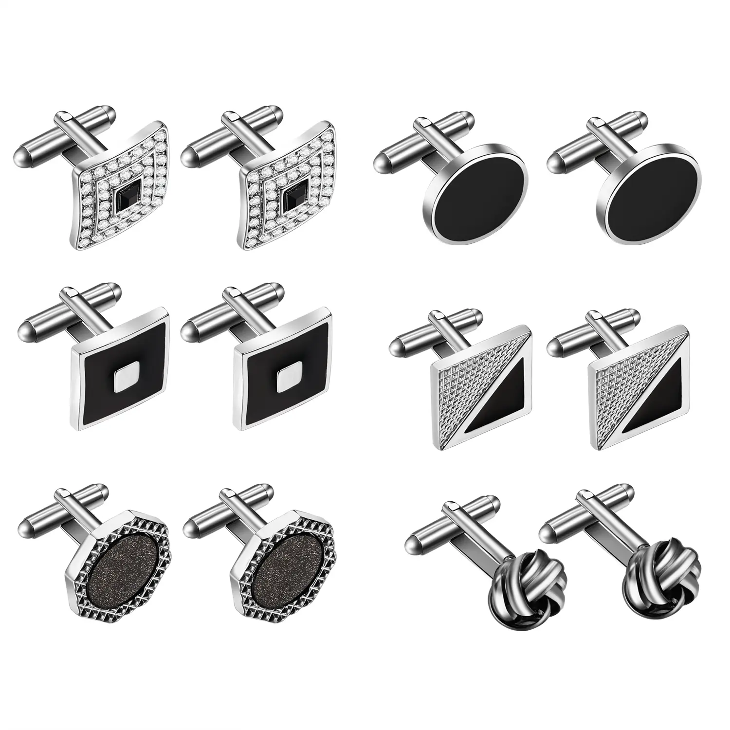 OIDEA Male Cufflinks Set - 6-Pair Sturdy Alloy Collection with Square Sparkly Stone, Round Enamel, Braided Hollow Cutout Styles for Wedding, Party, Stone Cuff Links, Metal Pin Cuff Links, Anniversary, Sparkly Stone Cuff Links