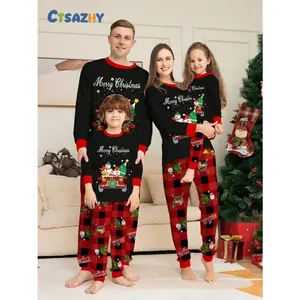 Plaid Christmas Truck Snowman Pajama Set, Family Matching 'merry Christmas' Print, Comfortable Casual Home Wear