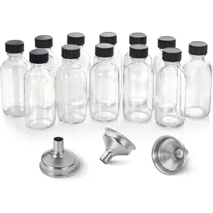 12-Pack 2oz Clear Glass Bottles with Lids & Funnels – 60ml Mini Boston Shot Bottles for Juice, Wellness, Ginger Shots, Travel, Beauty & Sample Storage