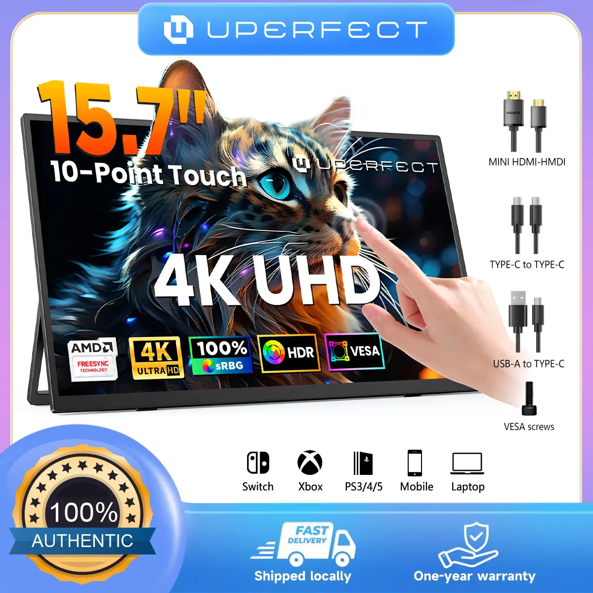 UPERFECT BE157BU 15.7" 4K Portable Monitor with Touchscreen, Ultra HD External Display, DC Dimming Eye Care, One Cable Connection, 10-Point Touch, Ideal for Laptop, Phone, Gaming, Work & Entertainment