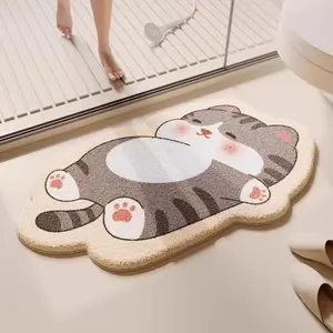 1000G Faux Cashmere Gray Cat Living Room Rug, Cute Cartoon Bedroom Decorative Carpet, Fluffy And Soft Bathroom Non-Slip Mat, Washable for Home Use, Irregular Shape Plush Bathroom Mat