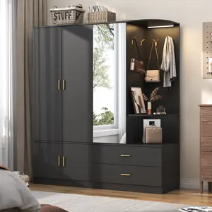 Modern  Armoire Wardrobe Closet with Mirror & Sensor Light, Wooden Storage Cabinet with Hanging Rod, Shelves, Drawers, and Hooks for Bedroom, Living Room, Entryway