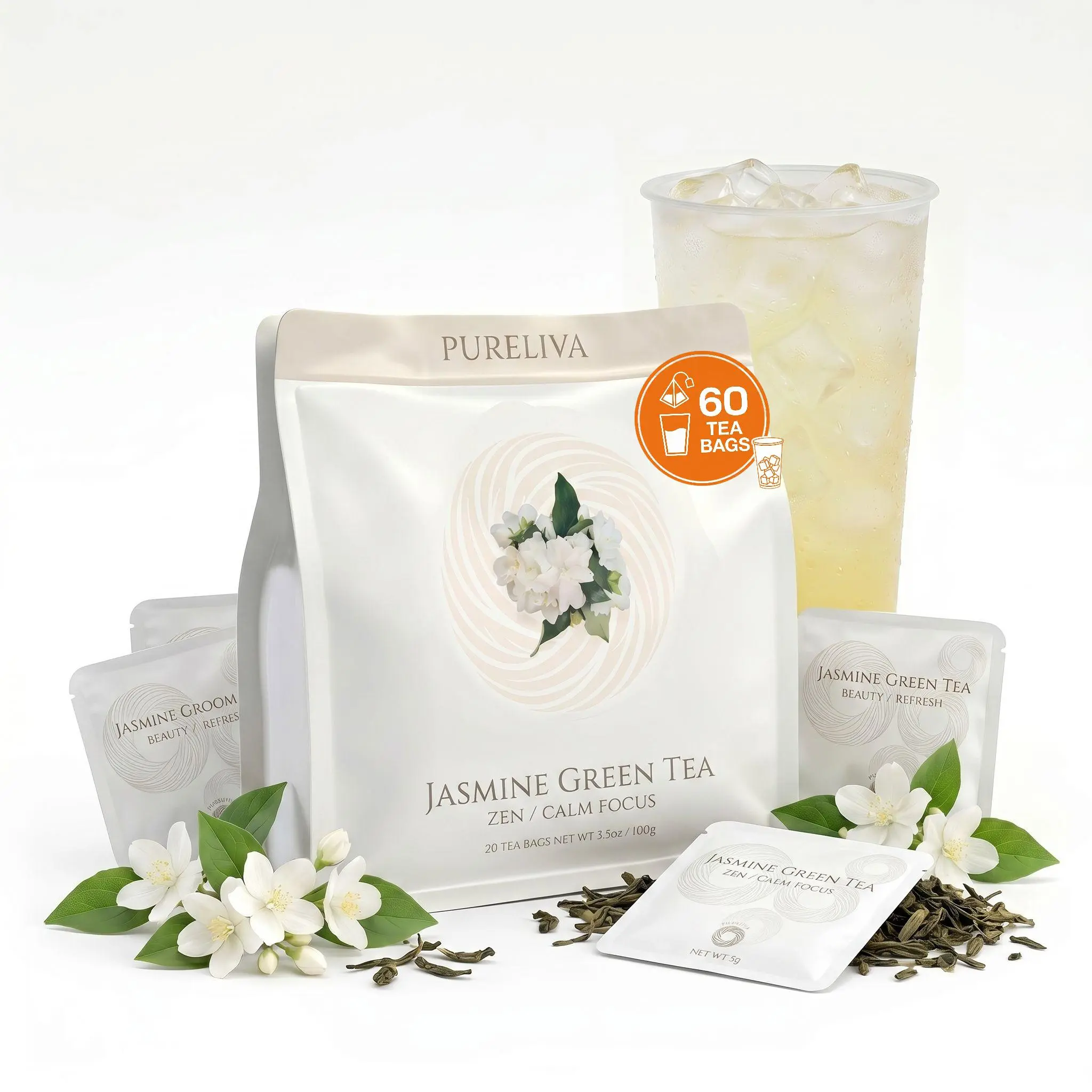 PURELIVA Jasmine Green Tea Bags - 20-Count Daily Wellness Tea, Natural Jasmine Blend, Clean Herbal Beverage, Supports Energy for Work, Exercise
