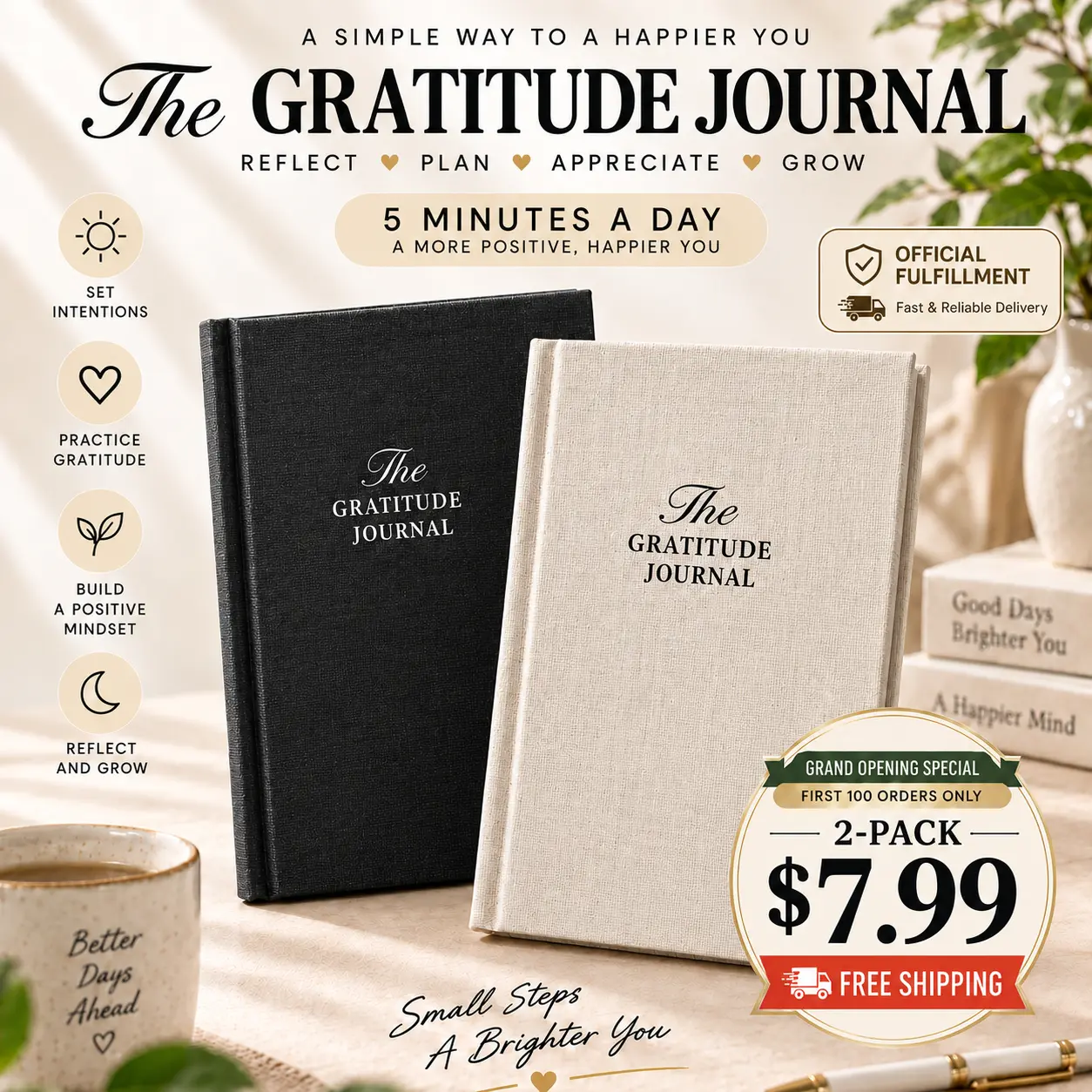 Bulk Gratitude Journals for Adults (2-Pack) - Textured Hardcover, Sewn-In Pages, Built-In Prompts Keep Habits Simple, 180° Flat Writing, Bedside + Office Use, Boost Mindfulness, Anxiety Relief, Happiness Support (for Teachers)