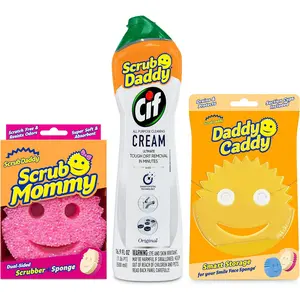 Scrub Daddy Scrub Mommy, Daddy Caddy + Cif All Purpose Cleaner - Scratch-Free, Dual-Sided Kitchen + Bathroom Scrubber + Multipurpose Cleaning Cream - Cleaning Supplies Kit for Multiple Surfaces