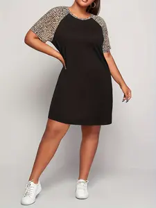 Women's Plus Size Leopard Patchwork Casual Loose Fit Round Neck Short Sleeve Dress, Summer Fashion, Versatile Daily Wear