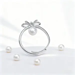 PEARLISM Freshwater Ak Pearl  Ring. Elegant Sterling Silver Bow Ring with Dangling Pearl.Delicate Pearl Drop Ring Bow Style Adjustable Silver Band.Minimalist Bow Knot Pearl Ring  Sterling Silver Jewelry(Adjustable) -TFAR001