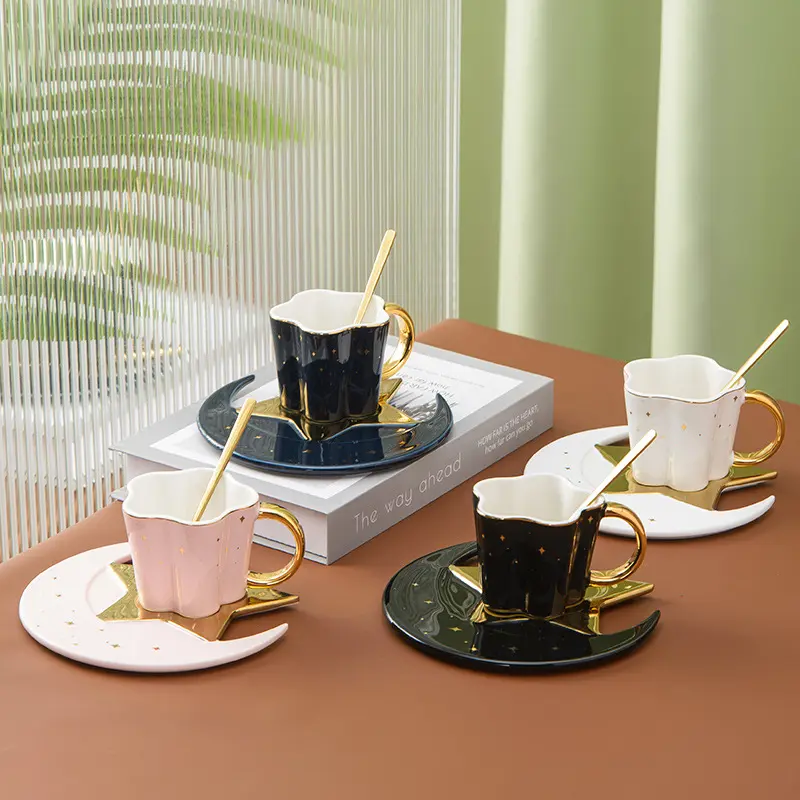 Ceramic Cup With Star And Moon Plate - Four-Color Mixed Porcelain Mug Set - 120ML Capacity Drinkware Tumblers - Includes 4 Cups 4 Plates & 4 Spoons