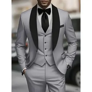 Men's 3pcs Suit, Plain Color Green Fruit Collar Suit With Jacket And Formal Trousers, Suitable For Business Gatherings, Graduation Ceremonies, Weddings And Parties(Sheets)