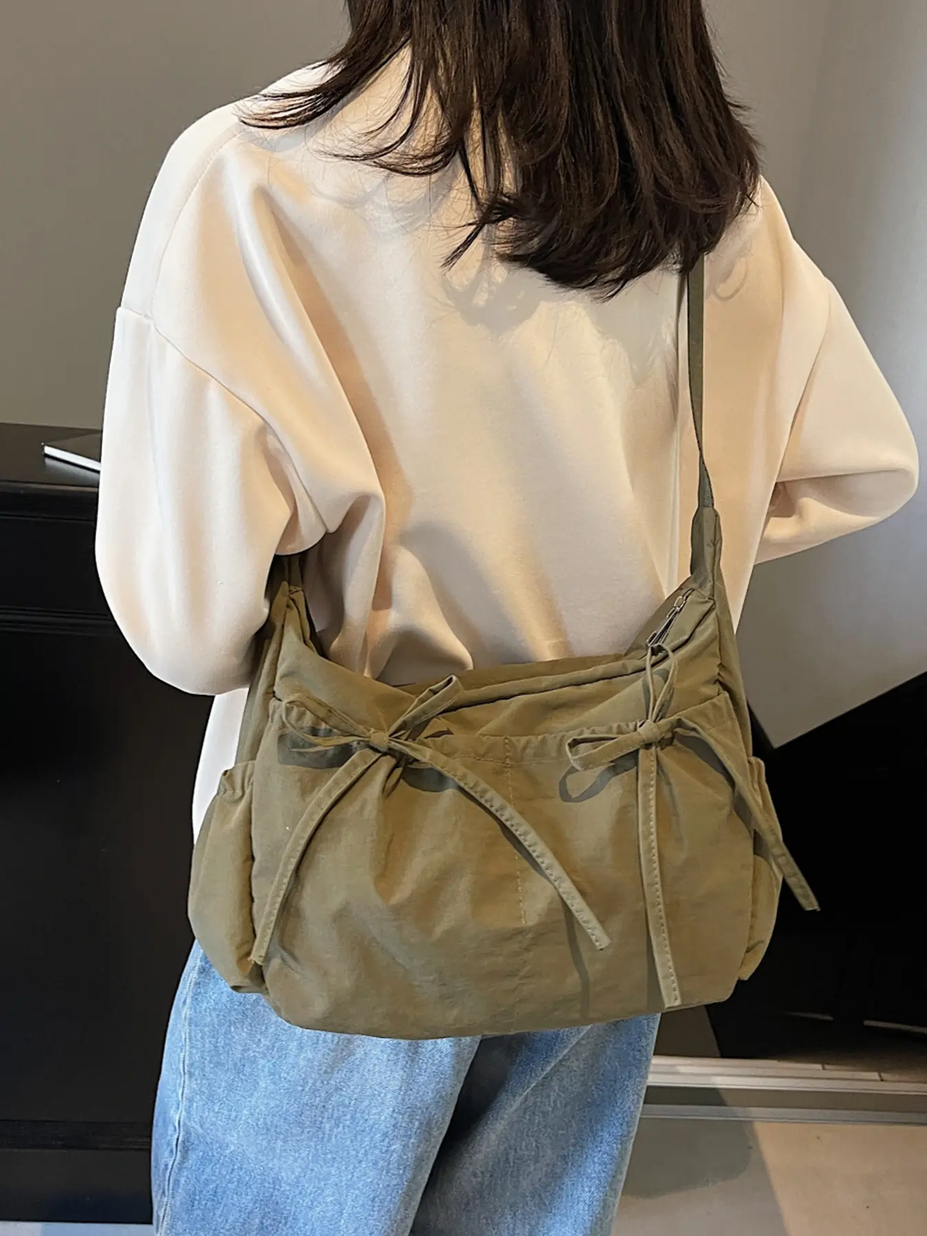 1pc Ladies' crossbody bag, Handbag Shoulder Purse, solid color, single shoulder bag, zipper closure, bow tie, versatile, casual, simple, suitable for students, commute to work, shopping, messenger bags, Casual Fashion Bag