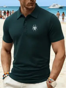 Men's Casual Slim-Fit Polo Shirt, Short Sleeve Graphic Design, Breathable Mesh Fabric, Quick-Dry Summer Golf Top, Beach Vacation Wear