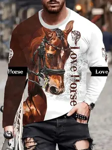 Men's Horse Pattern Letter Print Round Neck Long Sleeve T-Shirt, Comfortable Breathable Sporty Casual Top Athletic Workout Clothing for Outdoor Sports and Vacation, Athletic Fashion Activewear T Shirt