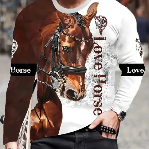 Men's Horse Pattern Letter Print Round Neck Long Sleeve T-Shirt, Comfortable Breathable Casual Top for Outdoor Sports and Vacation, Athletic Fashion Activewear T-Shirt, Athletic Active Tops