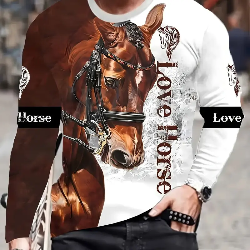 Men's Horse Pattern Letter Print Round Neck Long Sleeve T-Shirt, Comfortable Breathable Casual Top for Outdoor Sports and Vacation, Athletic Fashion Activewear T-Shirt, Athletic Active Tops