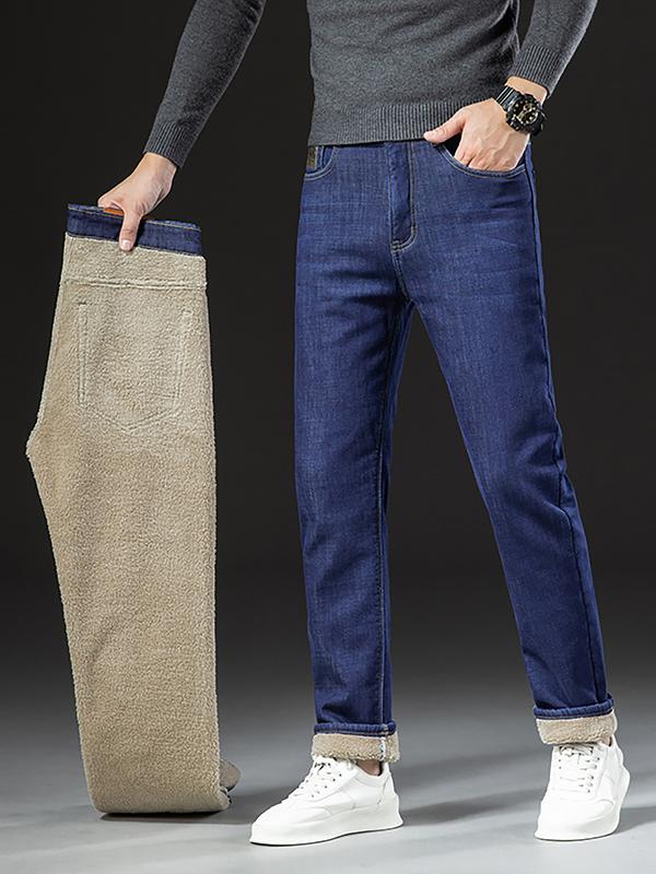 Men's Fleece-Lined Denim Jeans, Winter Casual Friday Loose Straight-Leg Warm Pants, Thickened Thermal Comfortable Men's Clothing