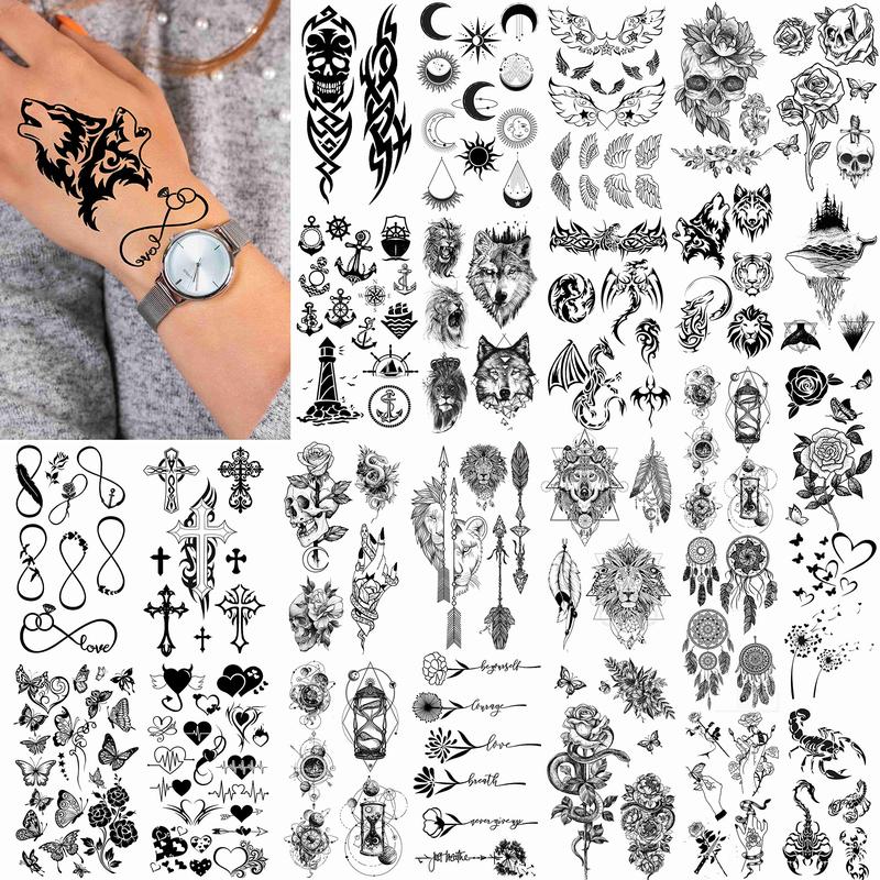 52 Sheets Creative Black Tiny Crown Infinity Triangle Fake Tattoos For Men Women Realistic Stars Letters Tattoos For Kids Tattoos Temporary Waterproof Arm Hand Face Finger Neck Tatoo Stickers