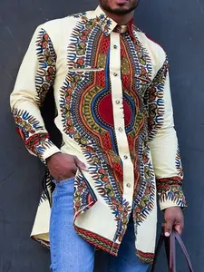 Men's Casual Ethnic Printed Shirt, Turndown Collar, Long Sleeve, Side Slit Hem, Fake Zipped Pocket, Suitable For Travel, Daily Wear, And Dating