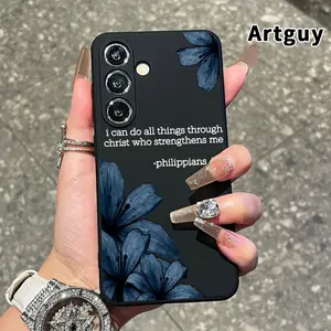 Straight Edge Phone Case Compatible with Samsung Galaxy S26 S23 Ultra S24 Plus S25 S22 Edge Blue Floral Verse Pattern Anti-Scratch Shockproof Soft Silicone Protective Cover