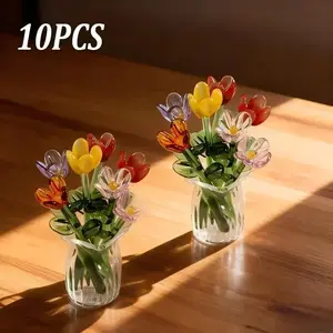 2026 New 10 Pieces Handcrafted Crystal Glass Tulip Bouquet, Lifelike Faux Floral Arrangement, Stylish Decorative Ornament for Indoor Table Display