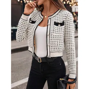 Contrast Color Round Neck Long Sleeve Fitted Women Front Button Jacket Cardigan Sweater Fall Women Outfits Button Up Fall Cardigan Women Cardigans,Long Sleeve Tops Striped Fabric