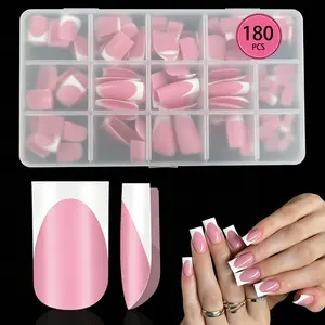 French Tips Press On Nails - 180Pcs Berry Pink Square Soft Gel Nail Tips Pre-Designed, No File Need Tips Pre,15 Sizes Fake Nails for Nail Art DIY, False Nails Salon Quality Manicure at Home Gifts For Women