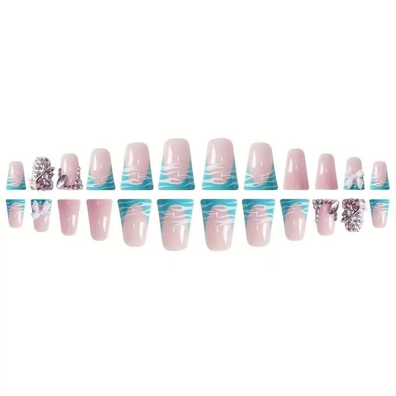 24pcs Duckbill False Nails Set, Glittering Fake Nails, Light Base with Blue Wave Butterfly Design, Glossy Finish Easy to Stick, Perfect for Daily Wear