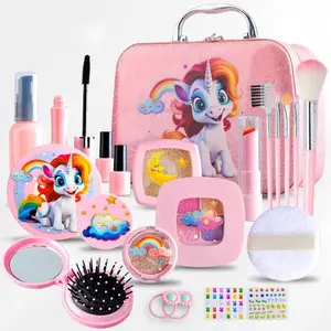 22pcs Unicorn Theme Girls Pretend Play Makeup Toy with Mirror Storage Bag, Kids Vanity, Role Play Safe with No Color, Kids Makeup Toy Set, Suitable for Girls Ages 3+, Ideal Birthday & Festival Gift.