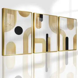 3 Count Aluminum Alloy Frame Canvas， Gold And Black Abstract Geometric Lines Fashion Poster， Modern Living Room Decoration， Light Luxury Family Art， Suitable For Bedroom， Corridor And Office Wall Decor， Gift