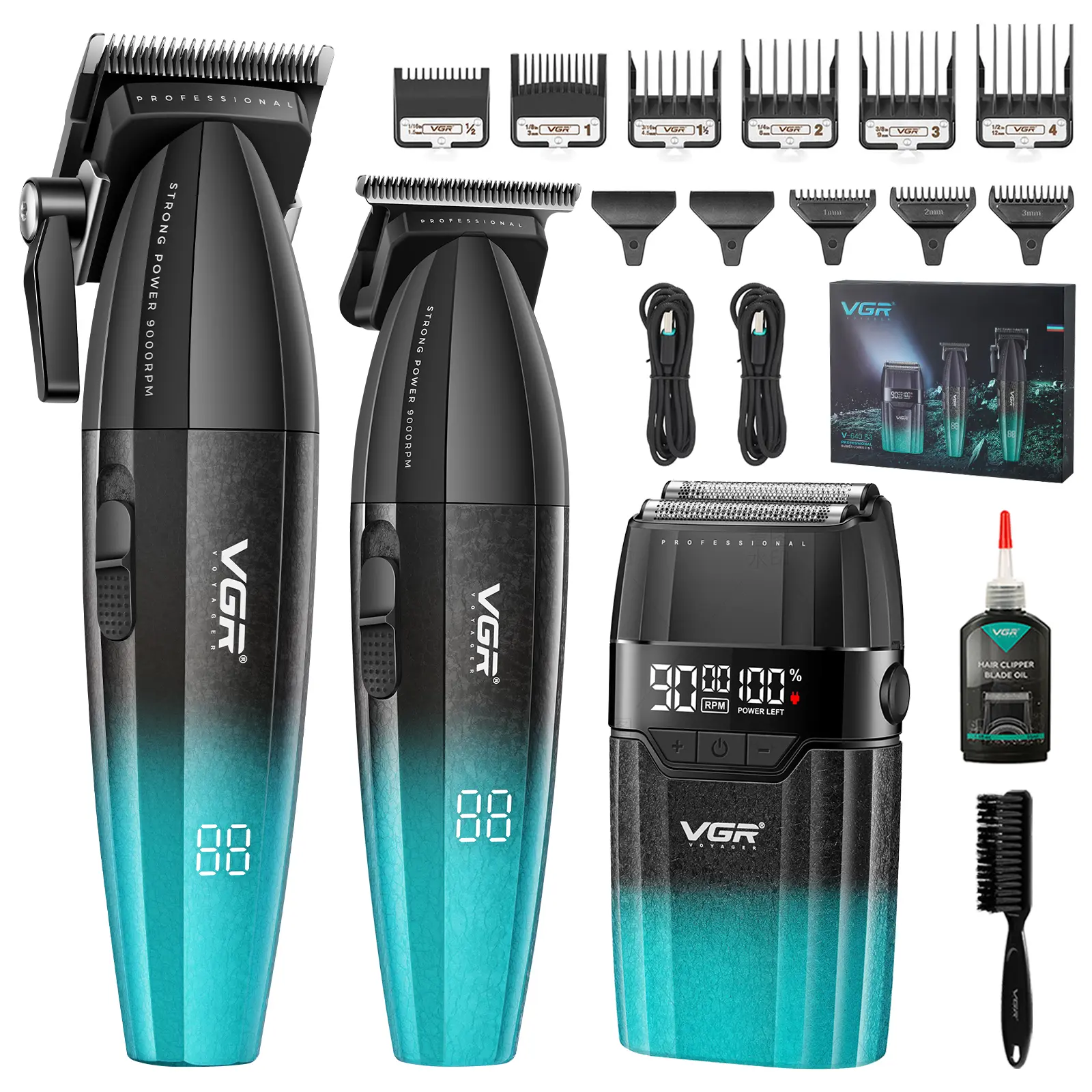 VGR 640S3 Professional 3 in 1 Hair Cutting Kit 9000RPM Cordless Hair Clippers for Men Trimmer & Foil Shavers Set with 88 Precision Guides Green summerwins