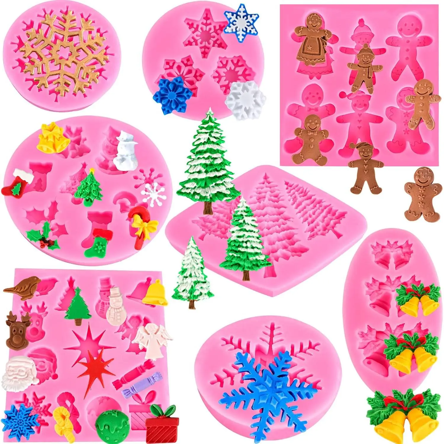 Christmas  Molds Snowflake Molds Mini Xmas Fondant  Candy Cake Molds Christmas Snowman Tree Snowflake Holly Leaves Santa Claus Baking Molds for Xmas  Year Party Cake Decor