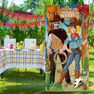 2D Flat Banner Door Cover Western Cowboy Backdrop, Party Decorations for Wild West Rodeo, Photo Booth Props, Fun Supplies for Birthdays