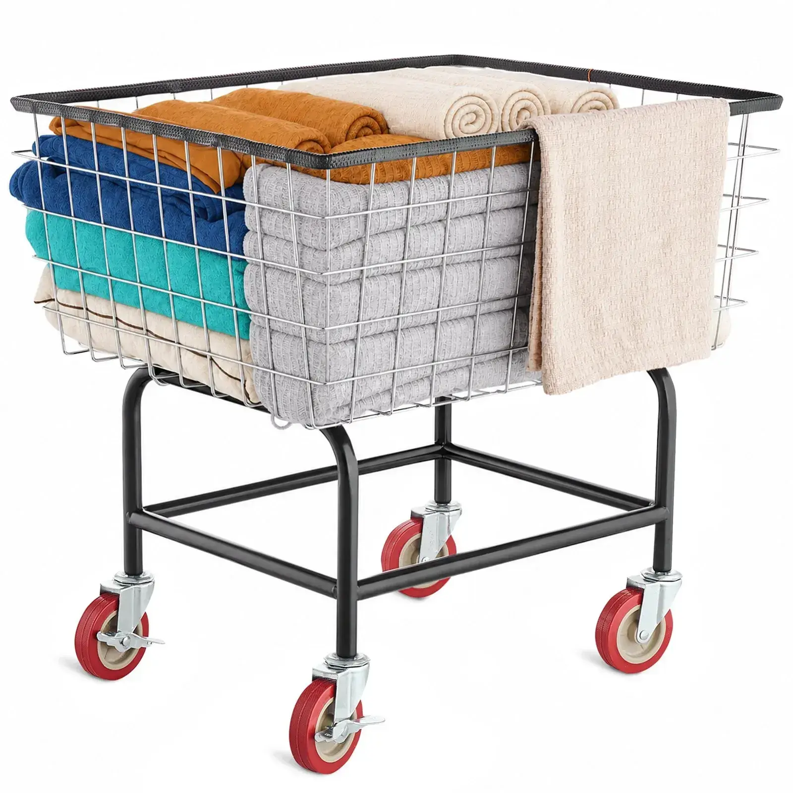 Wire Laundry Cart, 2.8Bushel Wire Laundry Basket with Wheels, 26.7''x21.7''x26.4'' Commercial Wire Laundry Basket Cart, Steel Frame with Chrome Finish, 4" Casters, Wire Basket Cart for Laundry