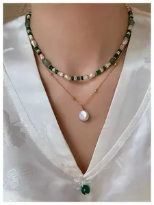Natural Green Malachite & Freshwater Pearl Beaded Necklace for Women - Lightweight Luxury Summer Necklace Bohemian Silver