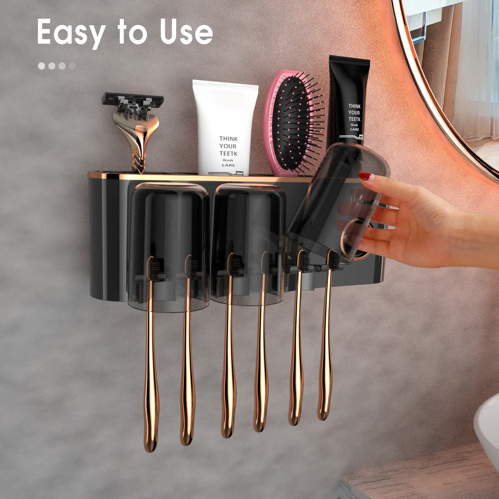 ihave Wall-Mounted Multifunctional Toothbrush Holder Set - Drill-Free Adhesive-Mounted, Magnetic, Automatic Toothpaste Dispenser, 3 White Cups, Large Storage Shelf, Durable Space-Saving Modern Bathroom Organizer for Family, White 3 Cup