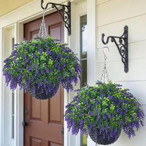 Artificial Lavender and Boxwood Basket - 2 Set for Decorations,Fake Flower Basket UV-Resistant for Porch, Home, Farmhouse, Eaves, Yard