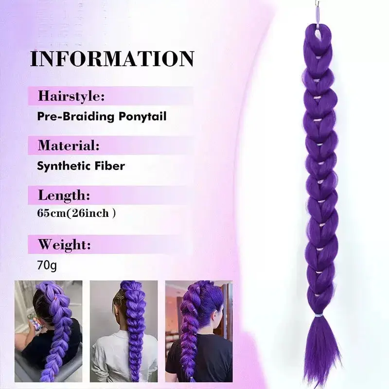 26 inch Purple Braids Ponytail Rubber Band Pre Braiding Hair Synthetic Purple Hair Extensions for Halloween Costume Cosplay