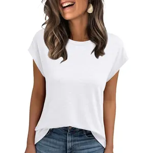 Women's Loose Fit Cap Sleeve Top, Comfort Crewneck Casual T-Shirt for Summer