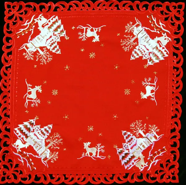 Sinobrite H8837-R Reindeer Motif Red Polyester Table Topper, 44x44" Machine Washable Square Tabletop Decor for Outdoor Tables