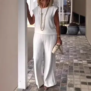 Women’s Spring and Summer Solid Color Crew Neck Sleeveless Top and Pants Set