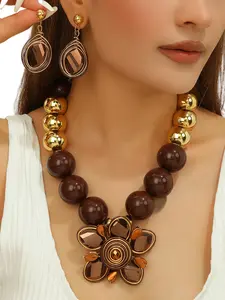 Fashion Crystal Flower Pendant Acrylic Bead Necklace Earrings Set, Casual Clothing Accessory for Parties and Festivals